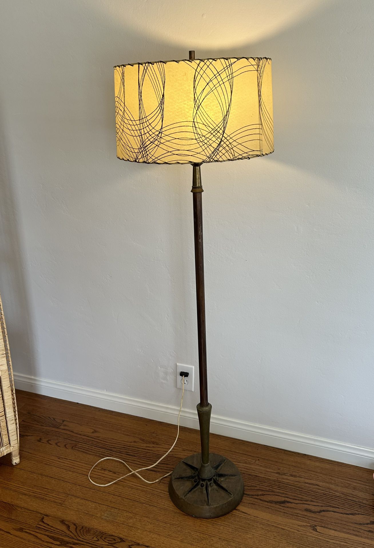 Rare Mid Century Modern Floor Lamp With Fiber Glass Shade Brass Stand Star Atomic Sunburst Art Deco Pole Vintage Antique Teak Wood Retro Light Lamp 