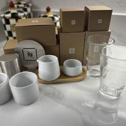 nespresso accessories (recipe glasses, barista cappucino kit, candle holders, sugar bowl & milk jug)