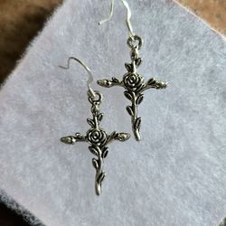 ROSE WRAPPED CROSS SILVER DROPDANGLE  UNIQUE HYPERALLERGENIC EARRINGS