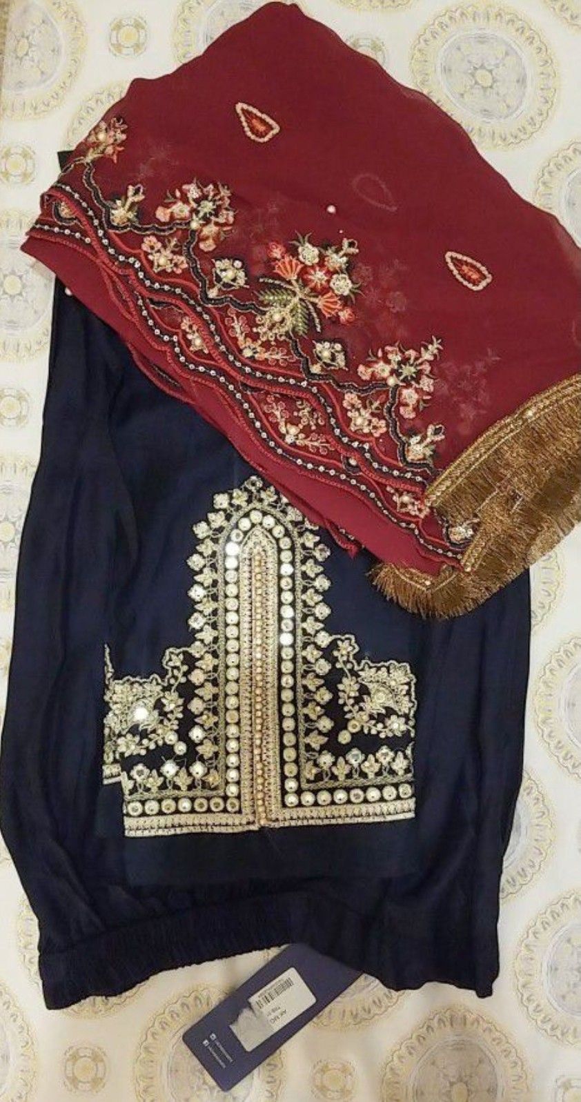 Navy BEUTIFUL DRESS WITH Elegant Radish Maroon Dupatta And Navy Pant