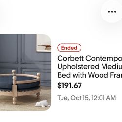 DESIGNER PET BED- blue easy care fabric with white washed wood