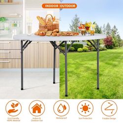 HomGarden 48" Round Bi-Folding Picnic Table 4FT Portable Plastic Dining Card Table Indoor Outdoor White