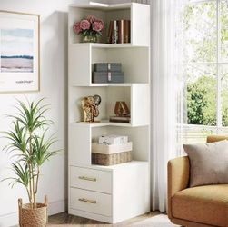 NY255 66.9" L-Shaped Bookshelf, Corner Bookcase With 5-Tier Shelf And 2 Drawers