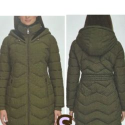 Andrew Marc Ladies Women Long Stretch Parka Coat Hooded Jacket S Olive Green.  Size small