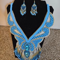 Handmade Beaded Turquoise Blue/gold Native Style Bib Necklace And Earrings Set 