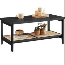 2-Tier Coffee Table for Living Room, with PVC Rattan Storage Shelf, Rounded Corners, Easy Assembly, Boho 