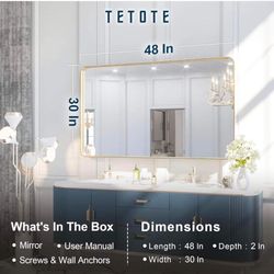 48 x 30 Inch Bathroom Mirror, Brushed Gold Metal Framed Wall Mounted Mirrors