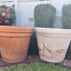 Vintage Lot Of Two Terra-Cotta Weathered, Aged Clay Planter Pots Italy, Mexico, Flowers Plants Cracked Landscape Garden Decor