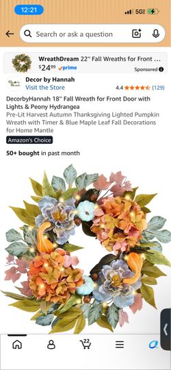 18" Fall Wreath with Lights and Peony Hydrangea