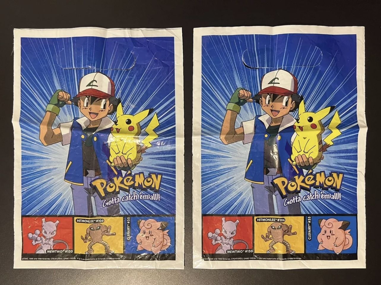 Vintage Pokemon Birthday Party Gift Bags x2 Ash Pikachu 1999 Nintendo DesignWare