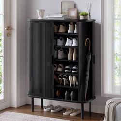 6-Tier Shoe Cabinet with Sliding Door, Wooden Shoe Storage Cabinet with Adjustab