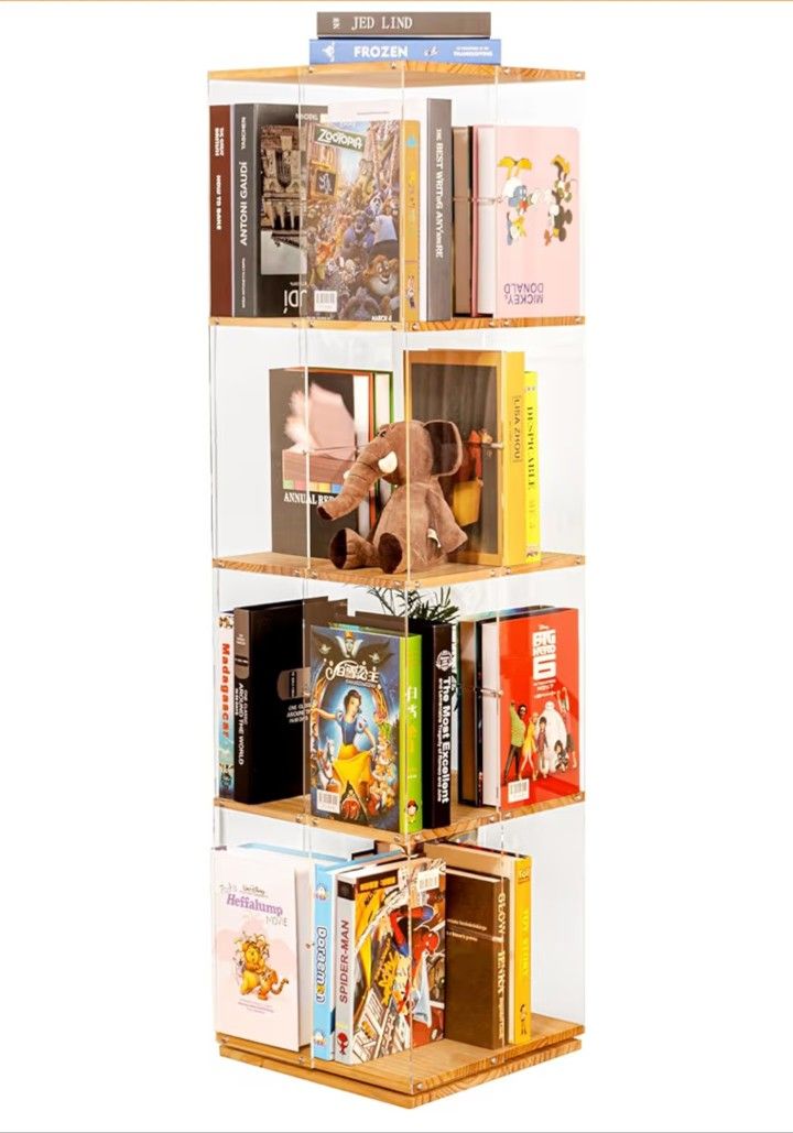 Rotating Bookshelf, 360 Degree Revolving Bookcase, 4-Tier Spinning Bookshelf, Clear Acrylic & Solid Wood Rotating Bookcase