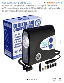 PI Auto Air Compressor - Portable, 12V, Digital Tire Inflator w/Pressure Gauge, Auto-Shut Off and LED Light to Pump Bike or Car Tires and Camping Equi