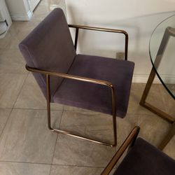 CB2 Modern Glass Dining Table + 4 Upholstered Gold Frame Chairs
