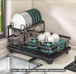 Large Heavy-Duty Expandable Dish Drying Rack with Drainboard - 2-Tier Anti-Rust Steel Dish Drainer, Space-Saving Kitchen Counter Rack with Cutlery Hol