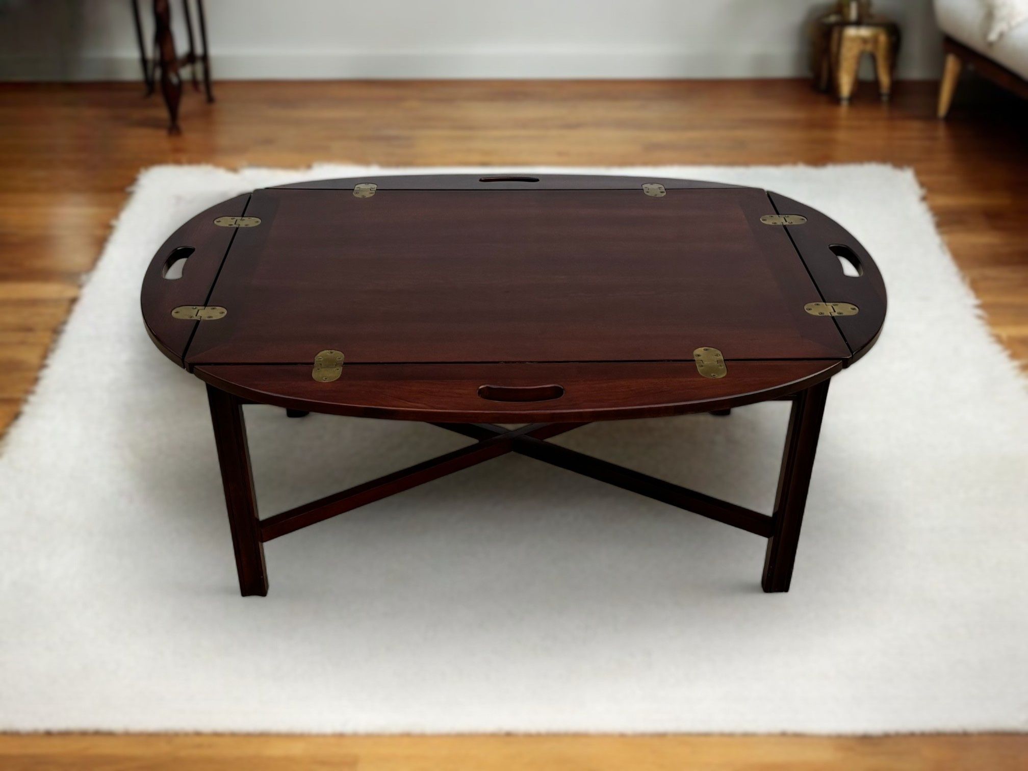 Vintage Mahogany Butler Oval Coffee Table w/ Flip-Up Handles