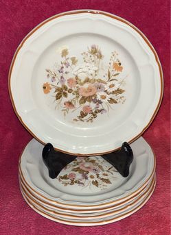 Vintage Antique Array Brick Oven Stoneware Meadow Flowers Set of 5 Salad Bread Dessert 7.25” Plates FLAWLESS!