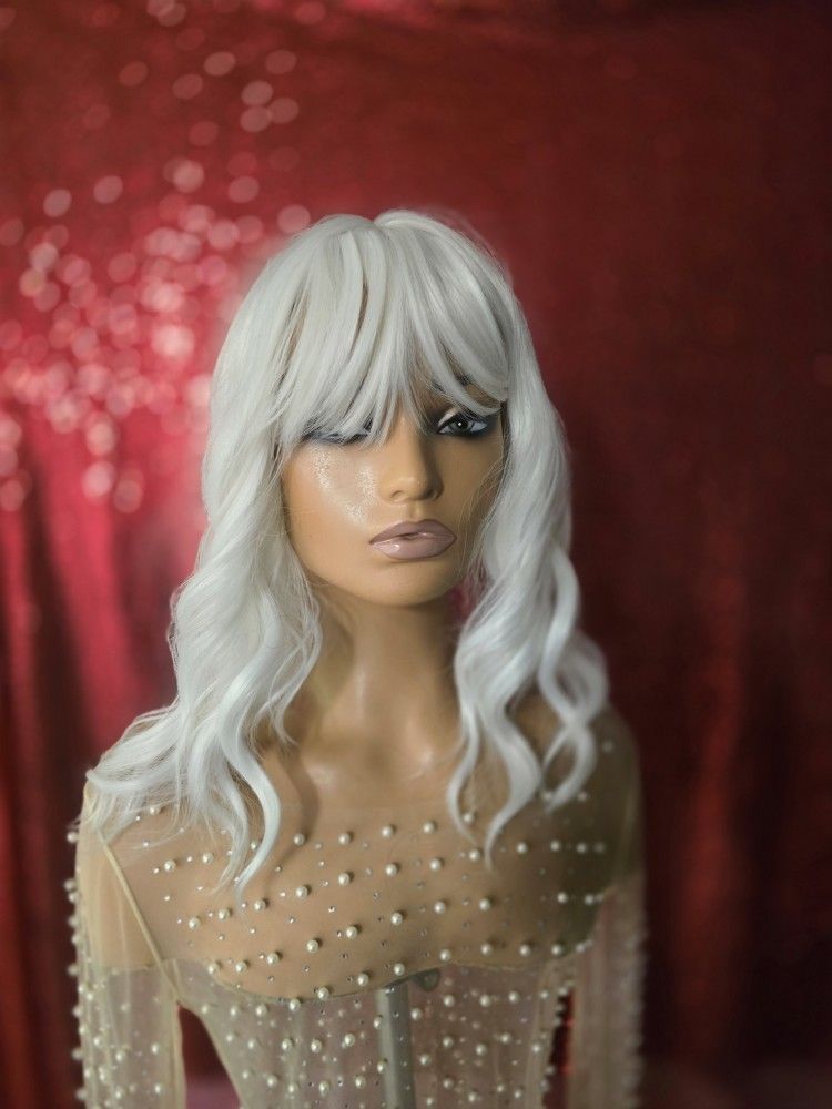 White  Synthetic Hair Wigs New  12" With Bangs