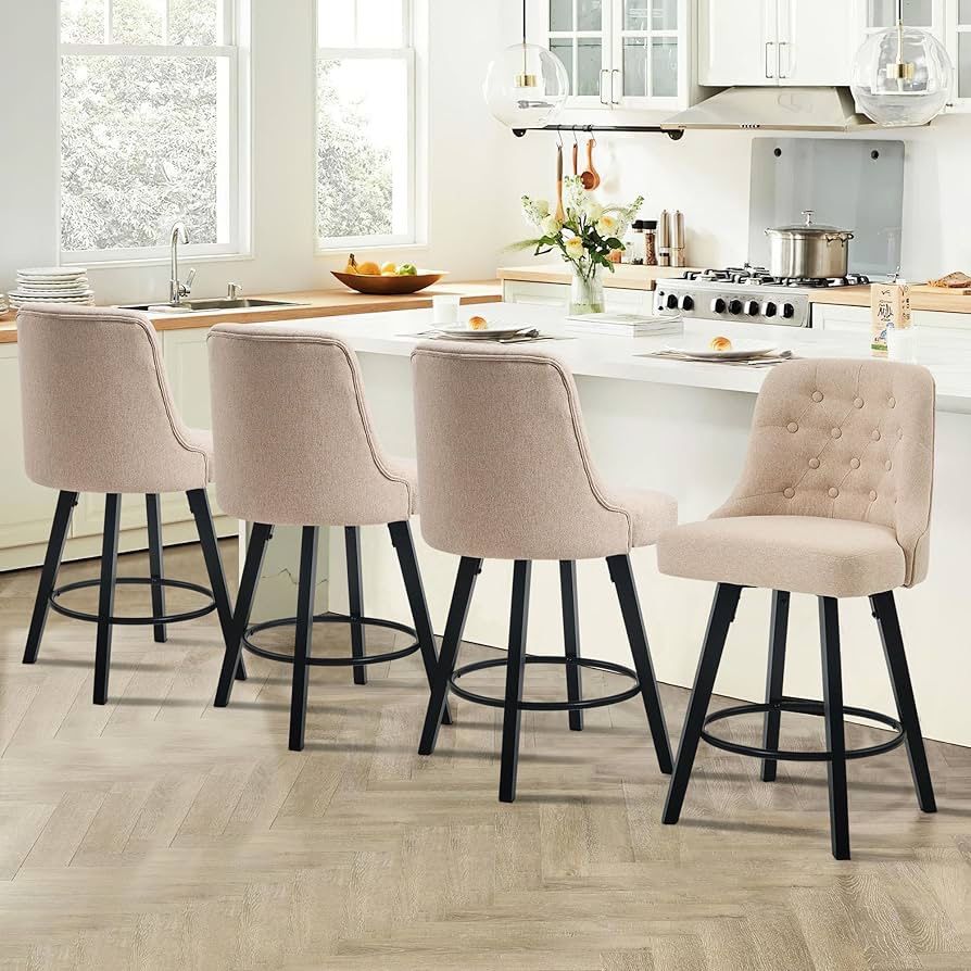 Counter Height Bar Stools Set of 4, 26" Linen Fabric Upholstered Counter Stools, 360° Swivel Barstools with Backs and Wood Legs, Modern Mid-Century Di