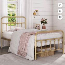 Classic Iron Platform Bed with High Headboard and Footboard, Twin, Antique Gold