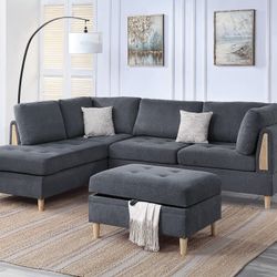 Brand New Grey Chenille Sectional Sofa w Storage Ottoman 