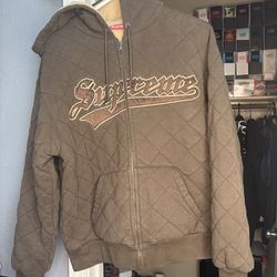 Authentic Supreme Quilted Zip Up Hooded Sweatshirt Dark Brown FW25