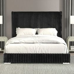 Furniture of America Cafein Queen Extra Tall Headboard Tufted Fabric Wingback Platform Bed, Black