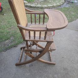 Vintage 1950’s Oak Convertible High Chair/ Children Rocking Chair Caneback