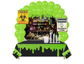 New 41 Pcs Halloween Mad Scientist Party Decoration Kit Include Chemistry Lab Backdrop Green Ghost Tablecloth Graduated Cylinder Beakers Balloon Chemi