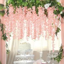 24 Pack(Total 86.4 Feet) Artificial Fake Wisteria Vine Rattan Hanging Garland Flowers String Home Party Wedding Decor (24, Light Pink)  New sealed pac