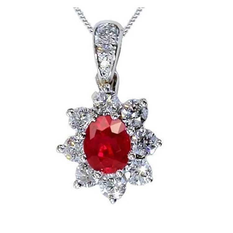 "Silver Plated Crystal Flower Vintage Oval Cut Ruby Gemstone Necklace, UNI22399
 
 