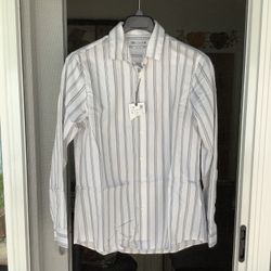 NWT White Zara Mens Large Long Sleeve Black Striped Button Down Shirt Cotton Located In Agoura Hills