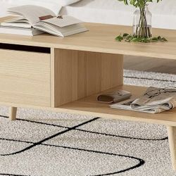 Oak Coffee Table, Mid Century Modern Coffee Table with Drawer & Shelf, 39" Wooden Simple Console Table for Living Room