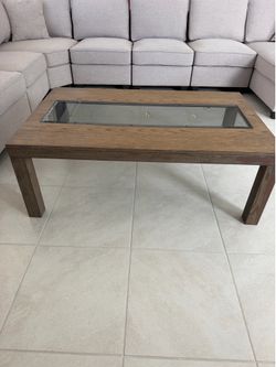 Coffee table solid wood rectangular with glass shelf