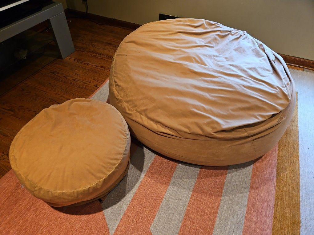 Beige Jumbo Bean Bag and Foot Stool/ Ottoman