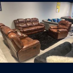 Santiago Brown Leather Reclining 3 Piece Living Room Sets---$1399---Fantastic Deal!!!---No Credit Needed Financing Available 