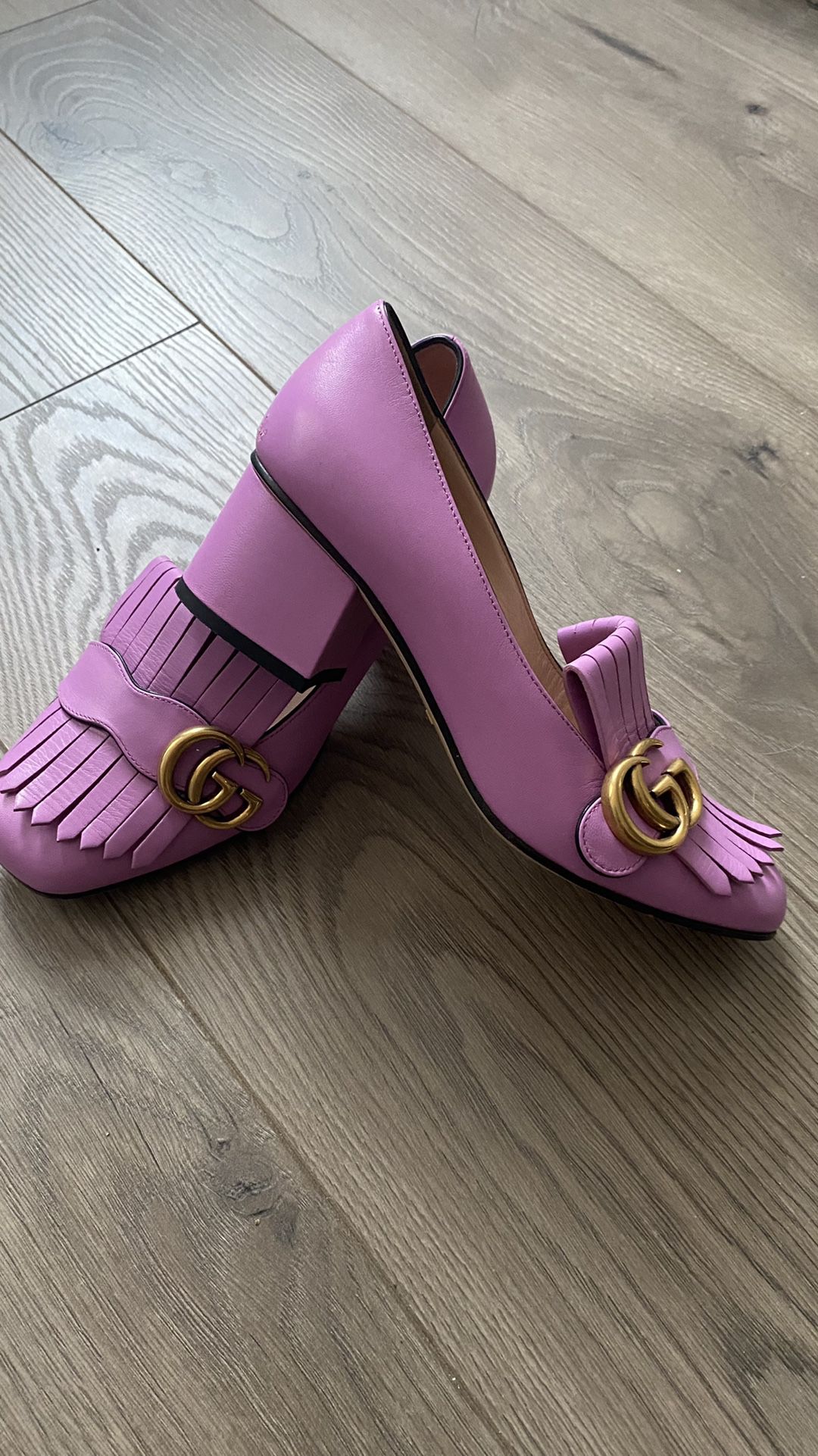 Gucci Leather Mid-Heel Pumps, Pink Leather 