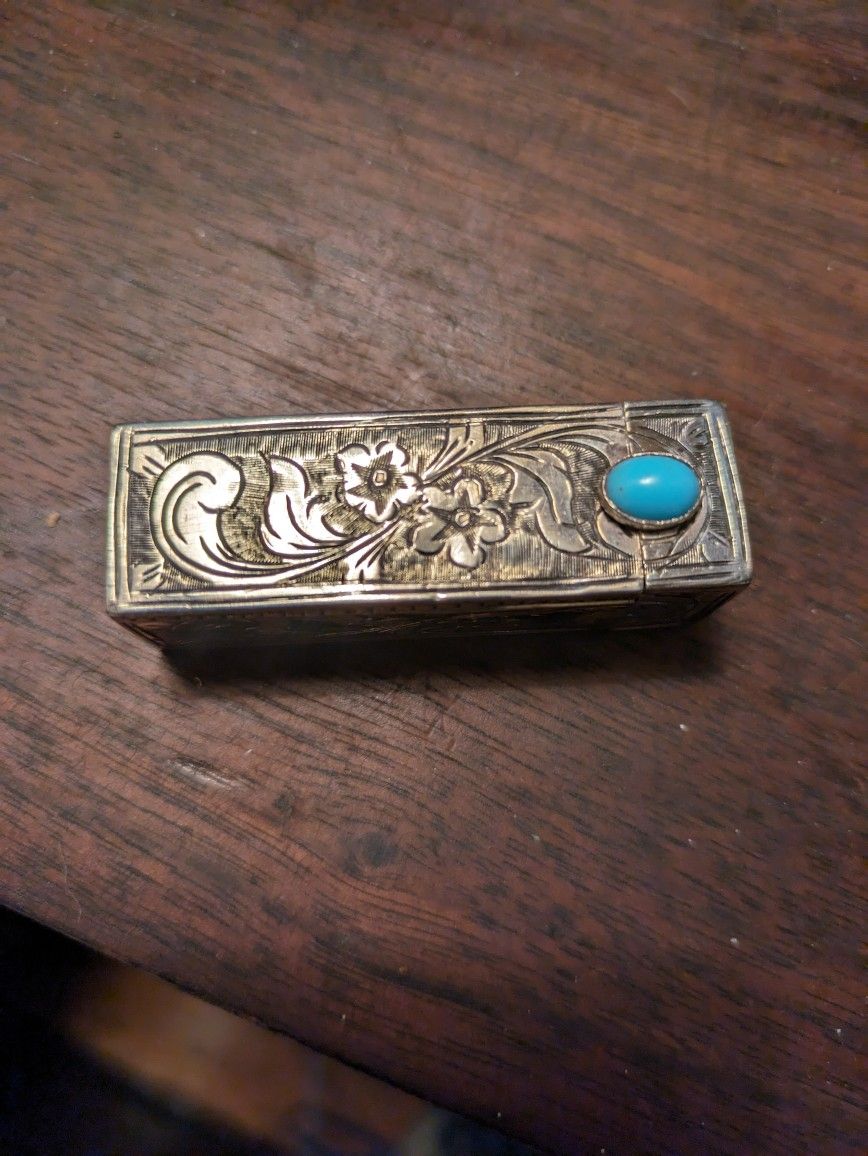 VINTAGE 1940'S SILVER AND TURQUOISE LIPSTICK CASE WITH MIRROR 