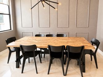 Large Wood Dining Table with 8 Black Chairs