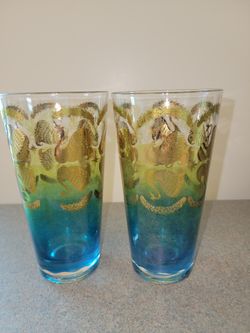 Vintage MCM Gold Blue Swan Glassware Glasses