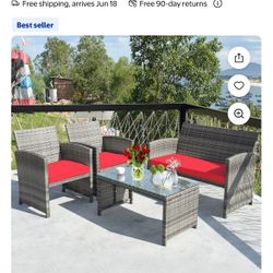 Costway 4PCS Patio Rattan Conversation Glass Table Top Cushioned Sofa Red