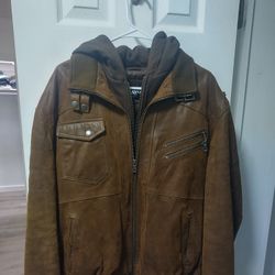 🔥 Men's Brown Leather Jacket With Hoodie (Size Large)