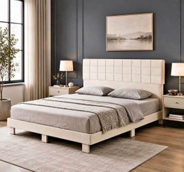 King Size Platform Bed Frame with Velvet Upholstered Headboard, Wood Slats, No Box Spring Needed, Beige