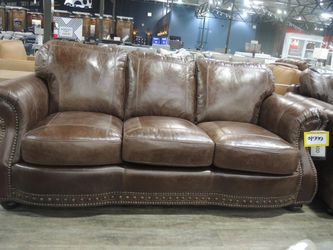 Rocky Mountain Leather Brown Distressed Nailhead Rolled-Arm Sofa