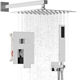 Shower System, Chrome Shower Faucet Set with 12-Inch Rain Showerhead and Handheld Spray, Wall Mounted High-Pressure Showerhead Combo Set Included Valv