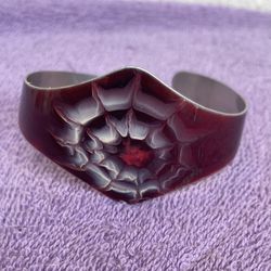 Vintage Stainless Steel Sheffield Egland Red Enamel Fire Cobweb Cuff Bracelet 