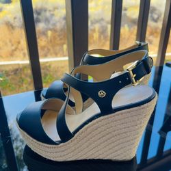 Michael Kors Martyna Navy Leather Wedge Heeled Sandal