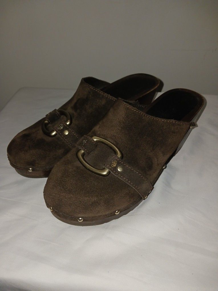 Juicy Couture Luxury Women’s Brown Suede Clogs Stylish Shoes Made In Italy Slip On Size 8