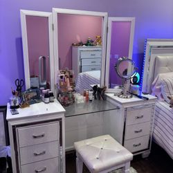 White Vanity with Rhinestones, Mirror, Glass Table, and Stool 
