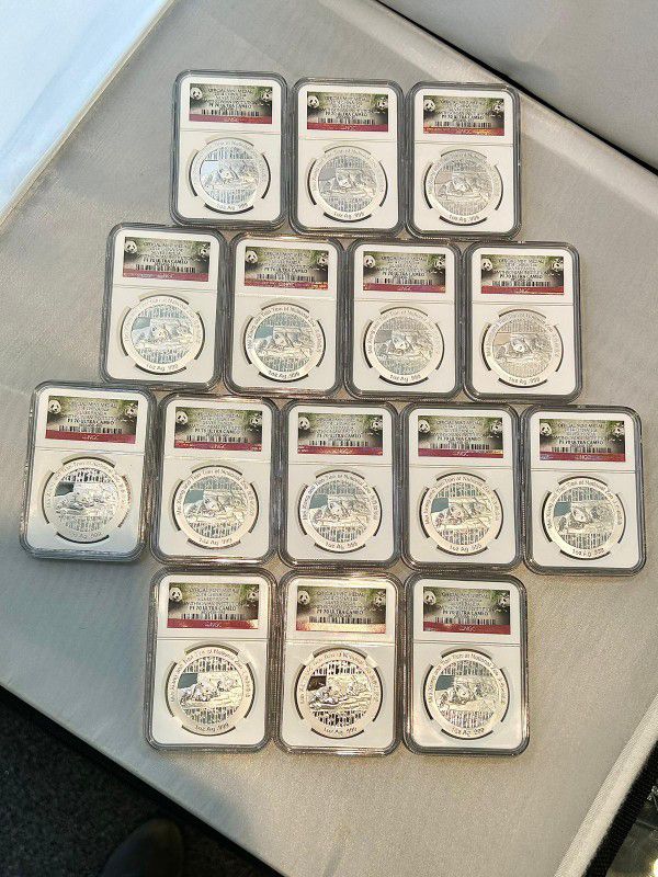 Lot of 15x sets of 2014, .999, 1oz Silver Panda Coins - Smithsonian Inst. NGC PF70 Ultra Cameo (w/ Boxes & CofA's)